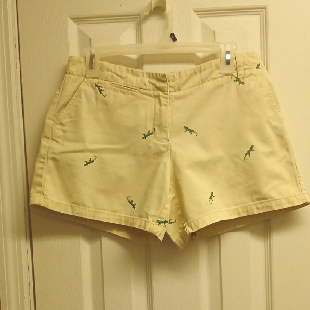 J. Crew Chino Shorts Cream Yellow Green Lizard Gecko Embroidered Cotton Size 4 - Picture 2 of 12